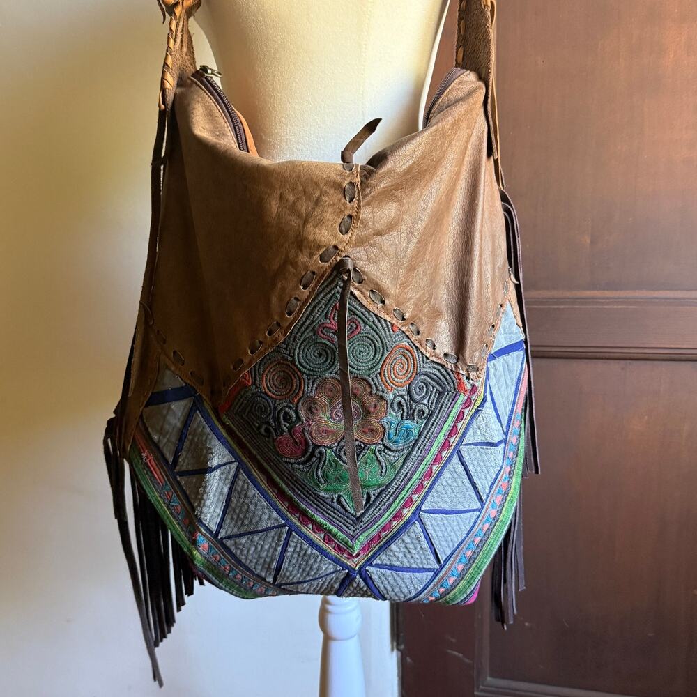 Vintage Handmade Boho Soft Kidskin Leather Embroidered Fringe Oversized Bag